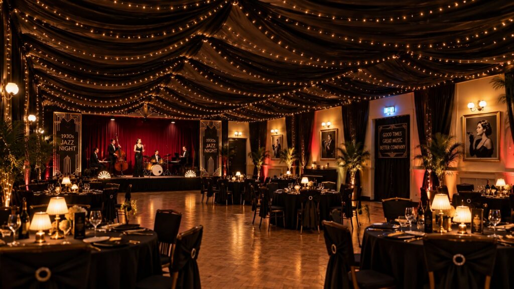 Dining Hall at Beverley Road Masonic Hall decorated with warm lighting for an evening event.