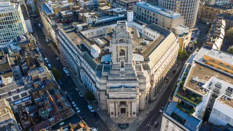 Aerial view of Freemasons' Hall in Great Queen Street, London, headquarters of the United Grand Lodge of England (UGLE).