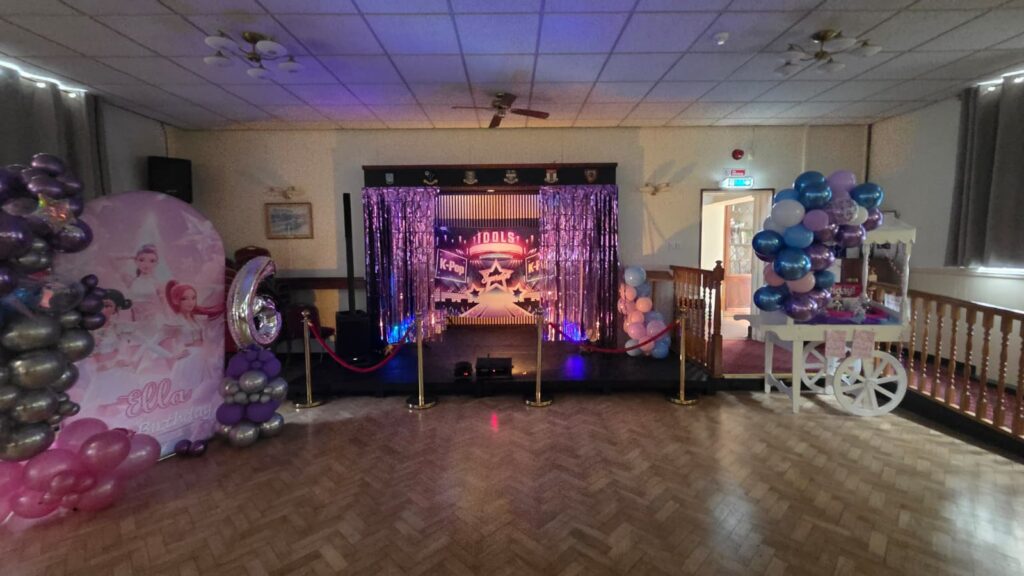 Birthday party celebration at Beverley Road Masonic Hall in Hull, showing the function room prepared for a private event.