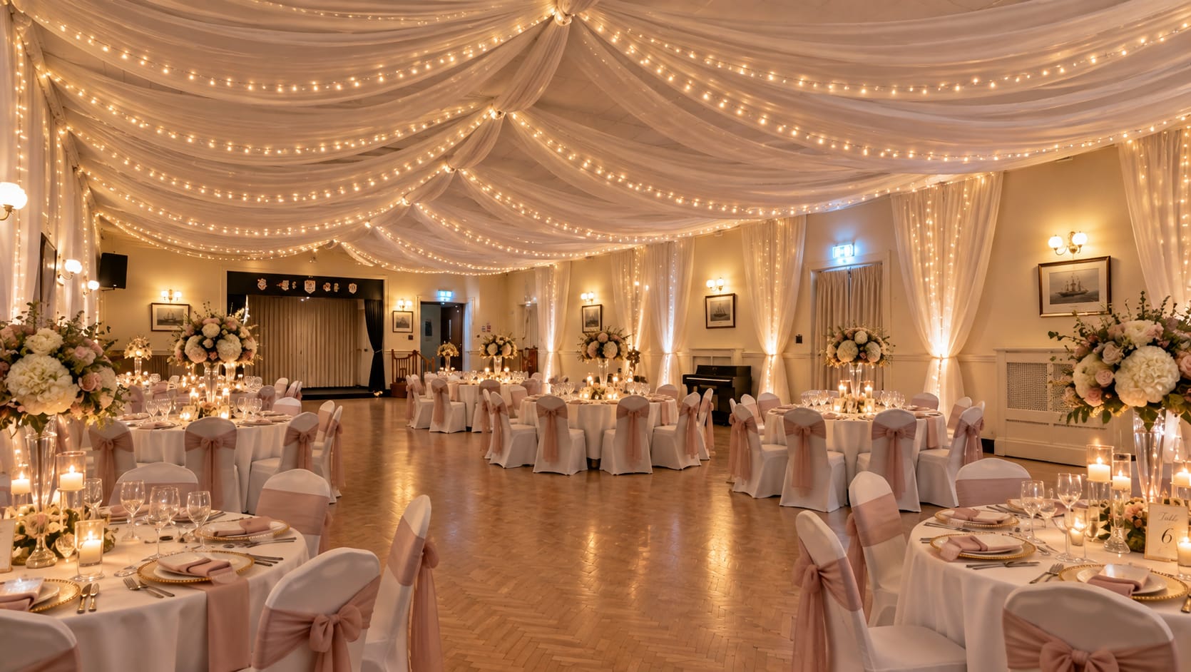 Dining Hall at Beverley Road Masonic Hall in Hull, decorated with ceiling drapes, fairy lights and dressed tables for a wedding reception.